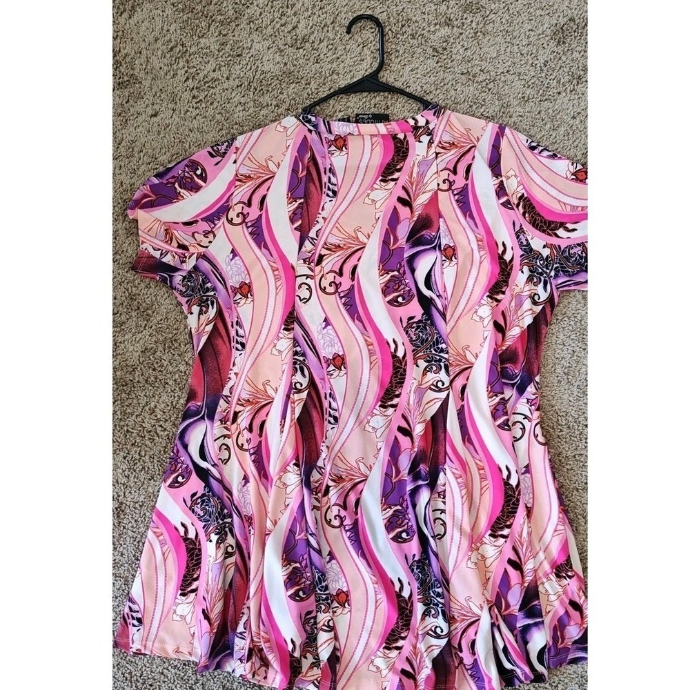 Women Pink Purple Swirl V-Neck Short Knee‎ Mini Dress 1x Pockets Plus Size
